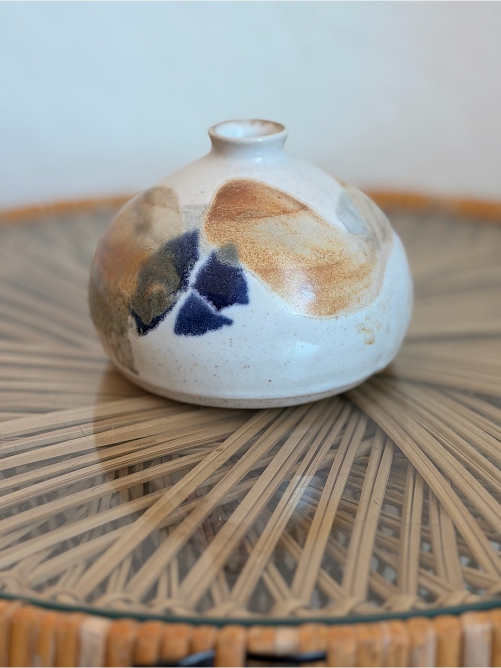 Vintage Ceramic Bud Vase in Cream with Blue and Tan Accents